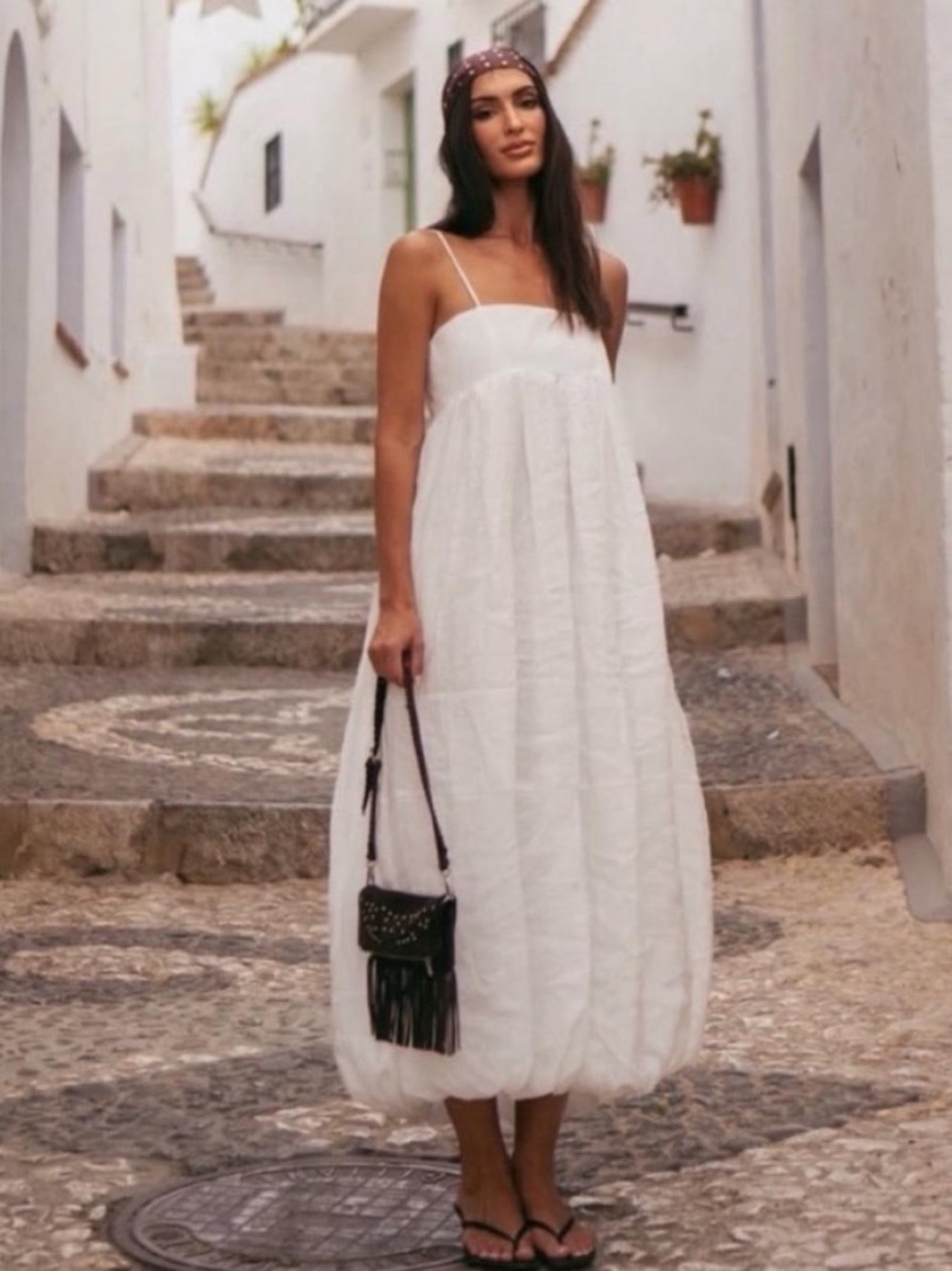 Zara White Spaghetti-Strap Maxi Bubble-Hem Dress